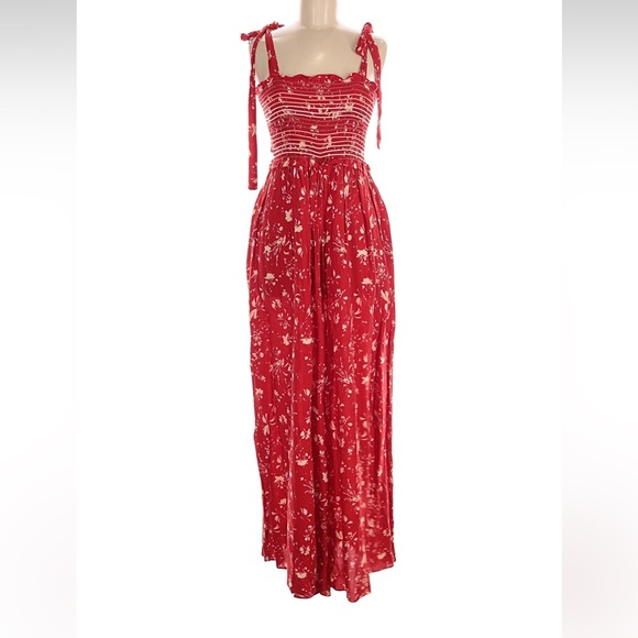 Free People Red Floral Wide Leg Jumpsuit Size S - Picture 4 of 7